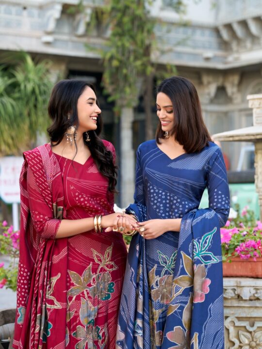 Roman Silk Salwar Suit with Floral Print and Beaded Handwork