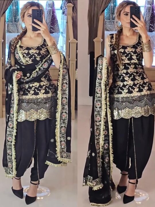 Embroidered Top Dhoti Salwar Dupatta Set in Natural Crepe Silk – Pramukhmart