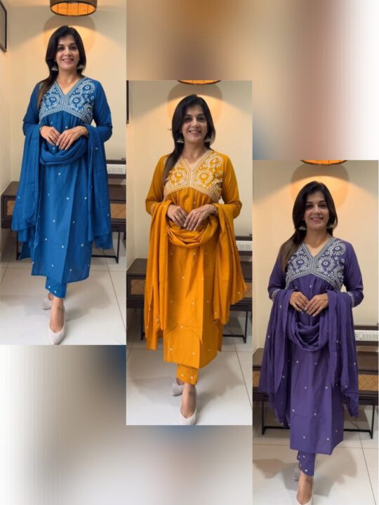 Cotton Anarkali Kurta Set with Embroidery and Sanganeri Print – Pramukhmart