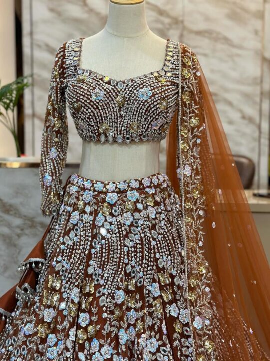 Front view of Butterfly Net Mirror Work Lehenga Choli