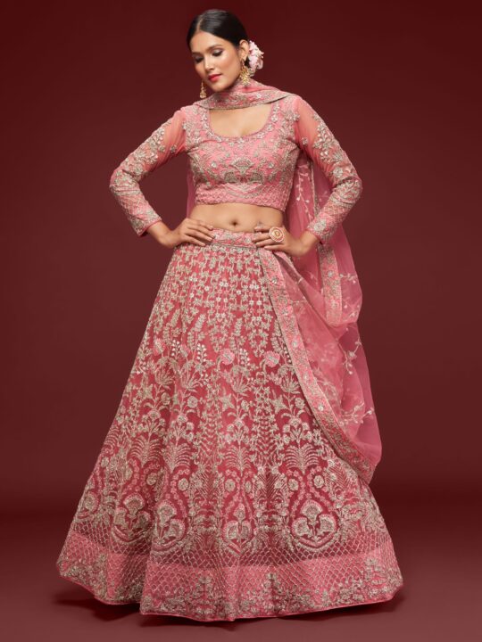 Full Bridal Outfit - Coral Lehenga, Matching Blouse and Dupatta Set