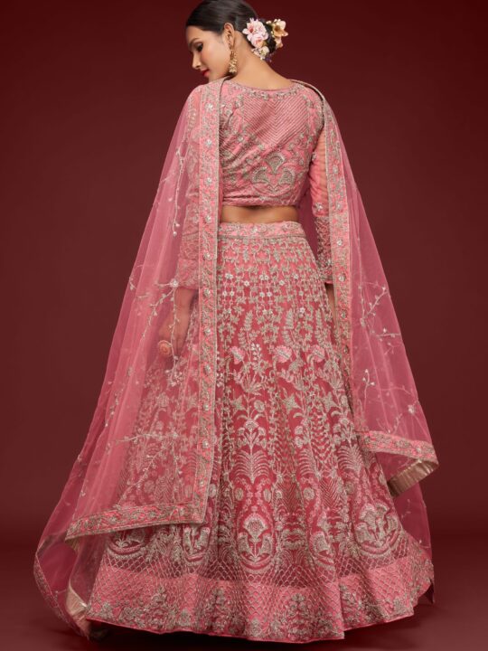 Designer Coral Wedding Lehenga with Embellished Blouse and Dupatta - Back View