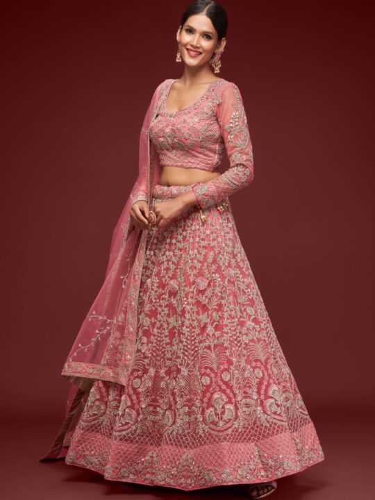 Coral Net Bridal Lehenga Choli with Zari and Dori Embroidery by Pramukhmart - Front View