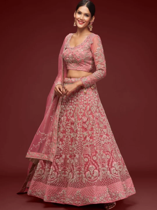Coral Net Bridal Lehenga Choli with Zari and Dori Embroidery by Pramukhmart - Front View