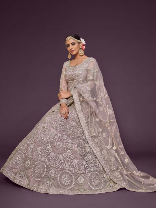 Lilac bridal lehenga choli with intricate embroidery