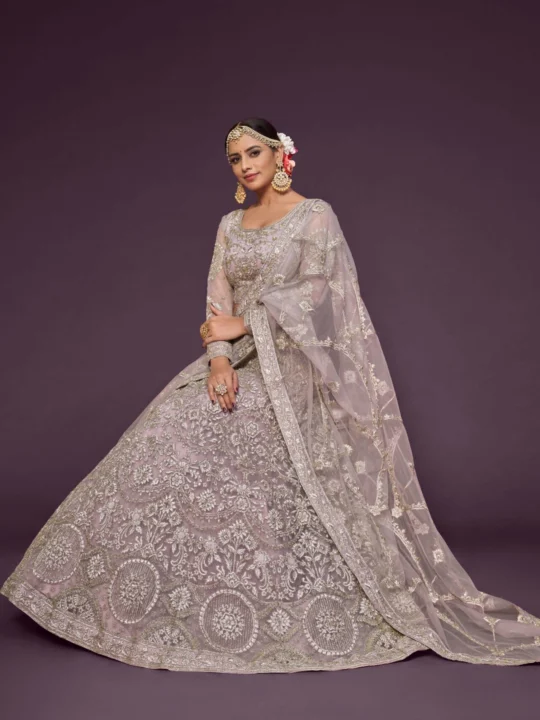 Lilac bridal lehenga choli with intricate embroidery