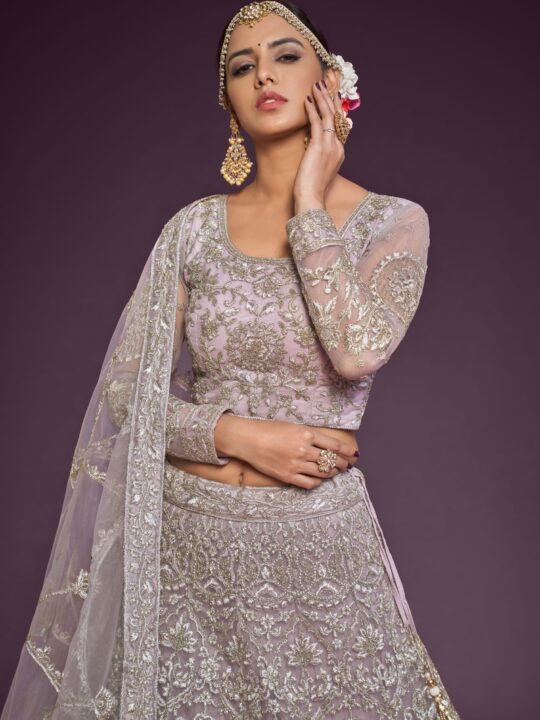 Close-up of zari and glitter dori embroidery on lehenga