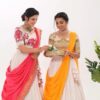 Front view of Kalamkari cotton lehenga choli with embroidered dupatta