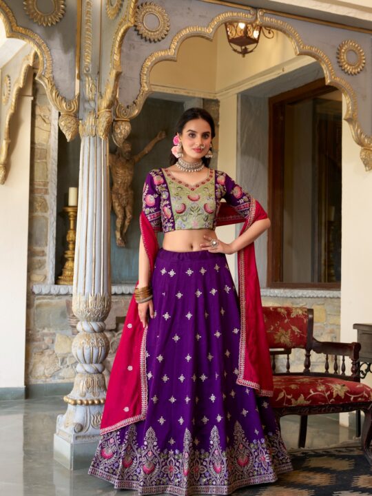 Vichitra Silk Lehenga Choli with Sequins and Thread Embroidery