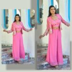 Front view of ethnic georgette plazo set with embroidered koti