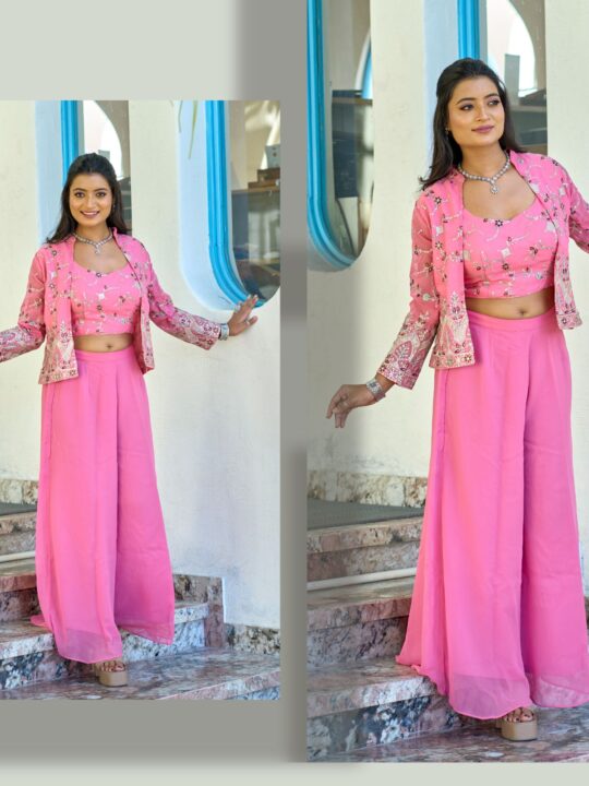 Front view of ethnic georgette plazo set with embroidered koti