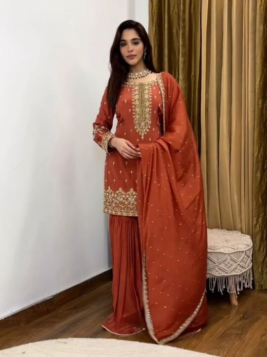 Simmer Silk Top Plazzo Dupatta Set with Heavy Embroidery and Lace Detailing – Pramukhmart