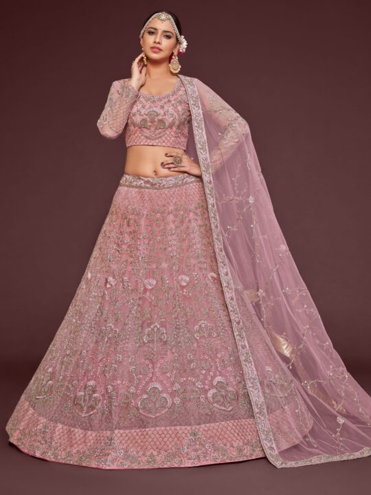 Pearl pink net lehenga choli with zari and thread embroidery by Pramukhmart