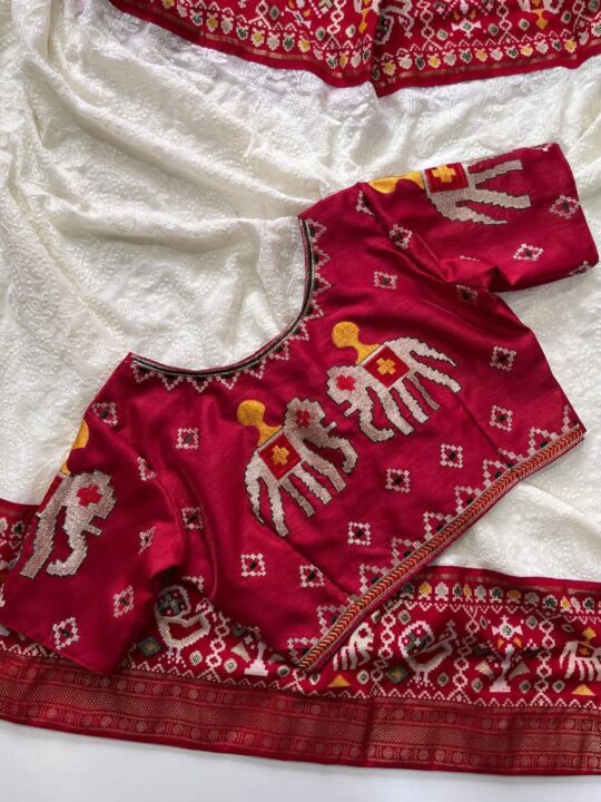 Hand-embroidered Lucknowi Chikankari saree with foil border and tassels