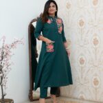 Woman wearing embroidered cotton kurti with pant set – Pramukhmart