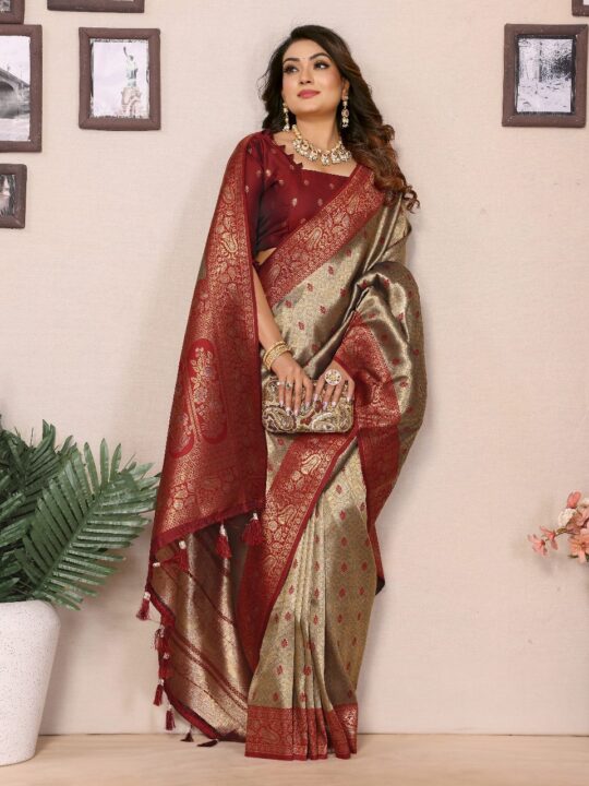 Handloom Tissue Silk Saree with contrast zari border and rich pallu by Pramukhmart