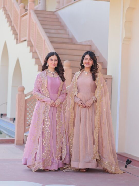 Elegant Fendy chiffon gown with sequin embroidered dupatta – front and back view