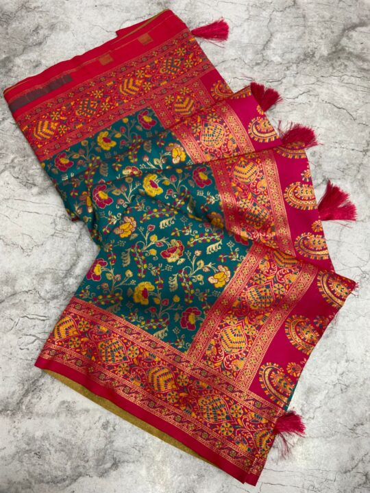 Handcrafted Pashamina Patola Saree with Zalar featuring multicolor heavy weaving work and jari border blouse by Pramukhmart