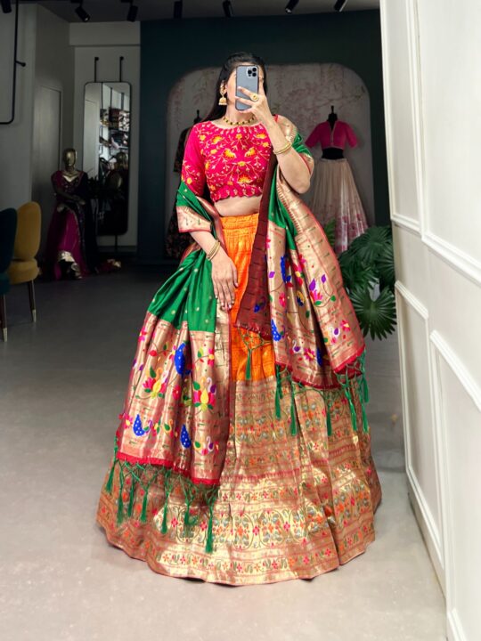 Paithani Jacquard Lehenga Choli with Zari Weaving and Embroidered Blouse - Pramukhmart