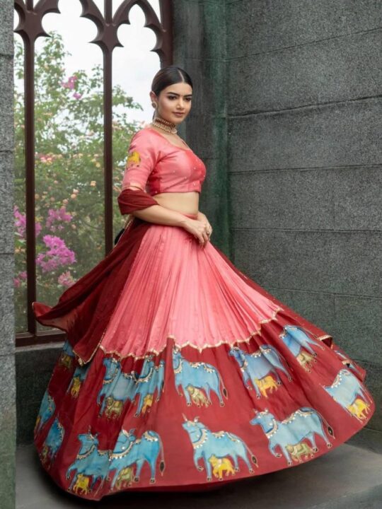 Kalamkari print Lehenga Choli in pure Chinon with fox georgette dupatta – Pramukhmart