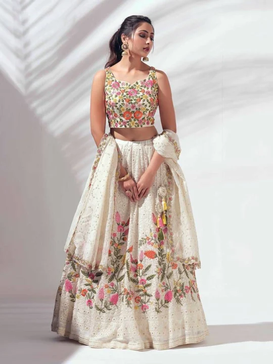 Bridal georgette lehenga choli with chine sequence embroidery and dupatta – Pramukhmart