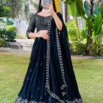 Black embroidered lehenga choli with dupatta in georgette – Pramukhmart