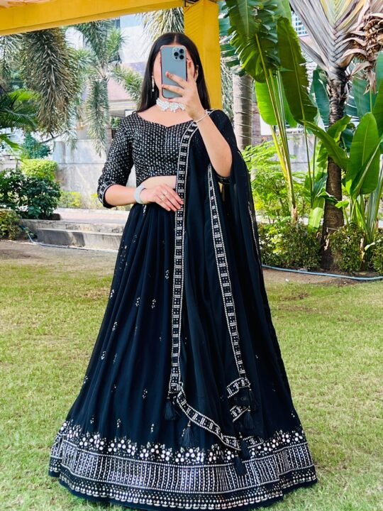 Black embroidered lehenga choli with dupatta in georgette – Pramukhmart
