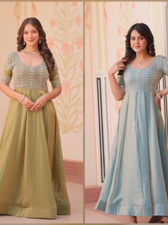 Premium embroidered Fendy fabric gown with beads work and round neck – Pramukhmart
