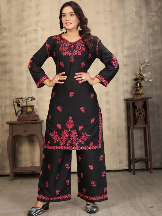 Colorful Chikankari Kurti with Pant in Heavy Rayon Slub – Front View