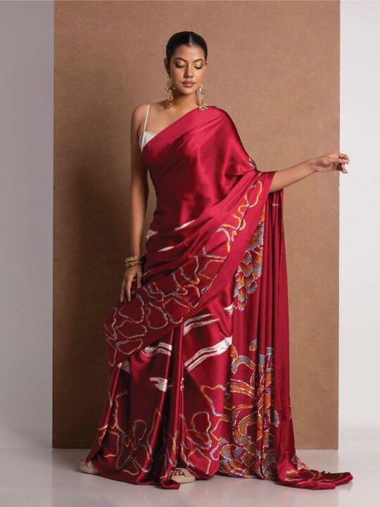 Japan satin saree with digital print and blouse by Pramukhmart