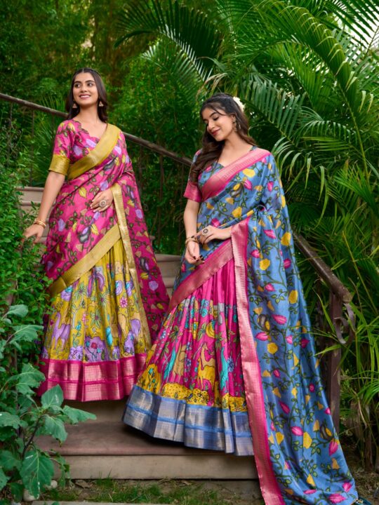 Kalamkari Dola Silk Lehenga with Zari Border and Dupatta