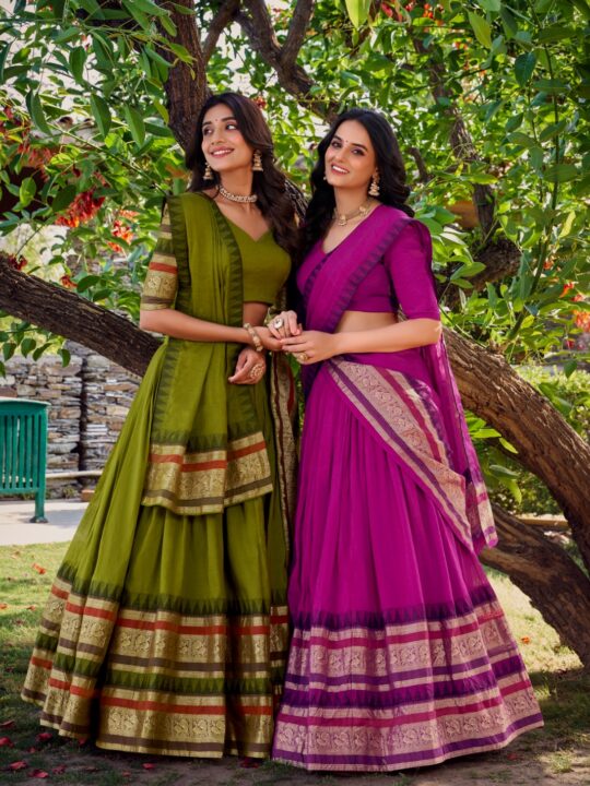 Chanderi Lehenga Choli Set with Zari Border and Dupatta