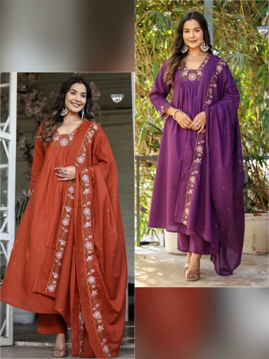Heavy embroidered kurti set with rayon top, matching pants, and chanderi dupatta – Pramukhmart