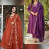 Heavy embroidered kurti set with rayon top, matching pants, and chanderi dupatta – Pramukhmart