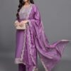 Fully stitched viscose chinon kurti set with organza dupatta and hand embroidery