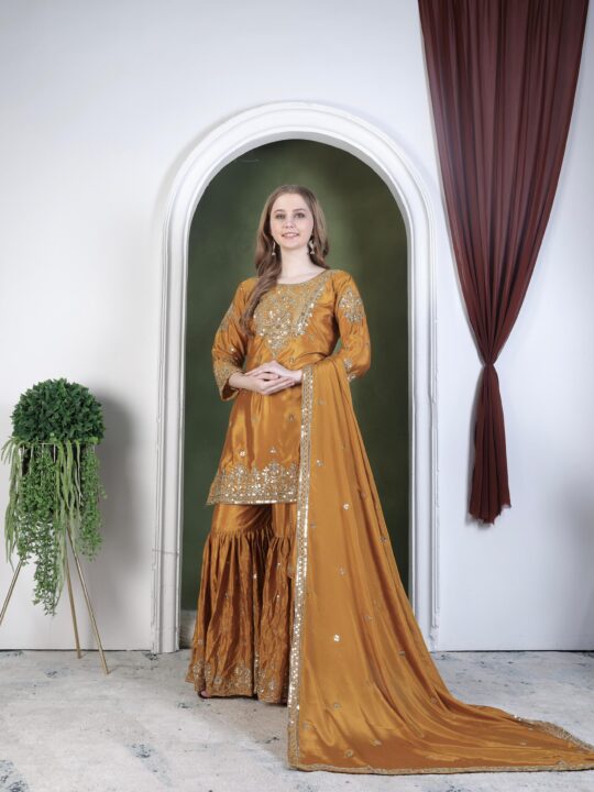 Embroidered Chinon Sharara Set with Dupatta – Front View