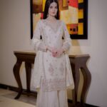 Embroidered Chinon silk kurti with plazzo and dupatta – front view