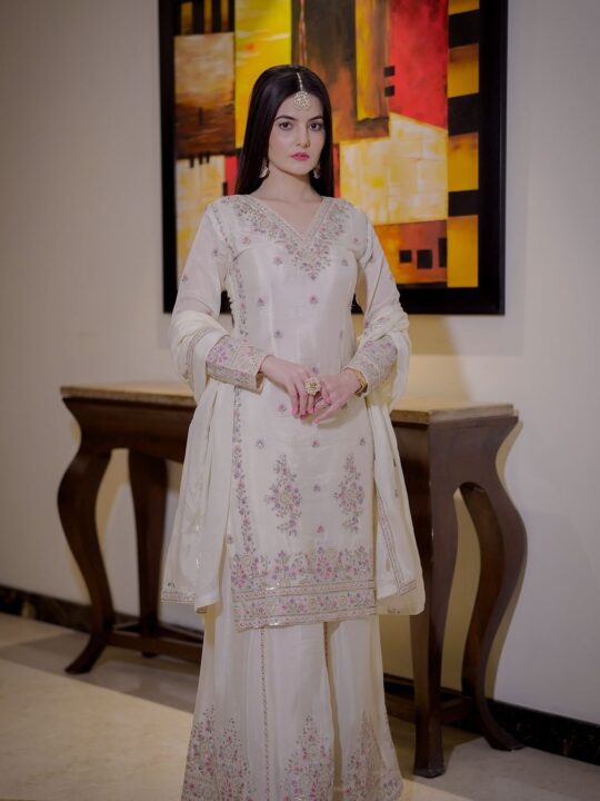 Embroidered Chinon silk kurti with plazzo and dupatta – front view
