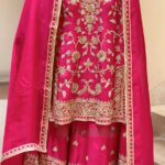 Front view of Chinon Silk Top Plazzo Dupatta Set with embroidery
