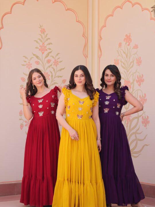 Embroidered faux blooming gown with sequins and frill design