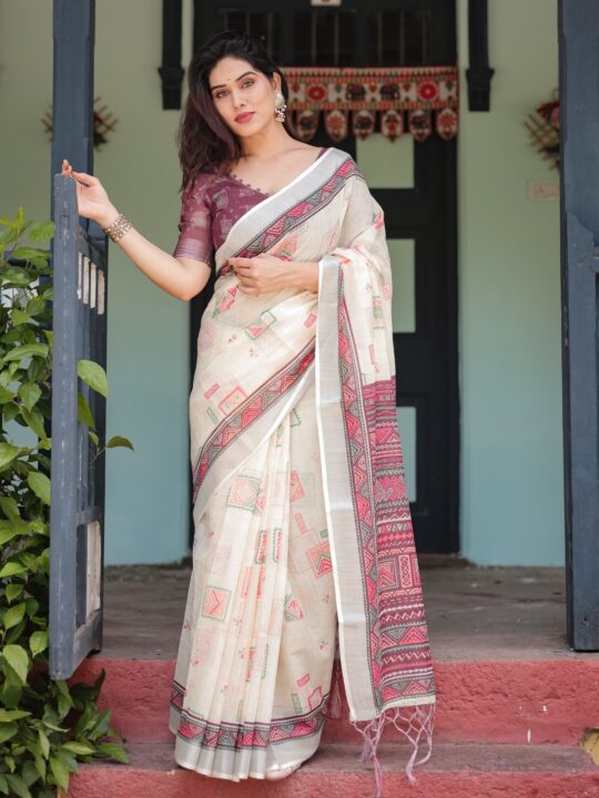 ivory geometric print saree