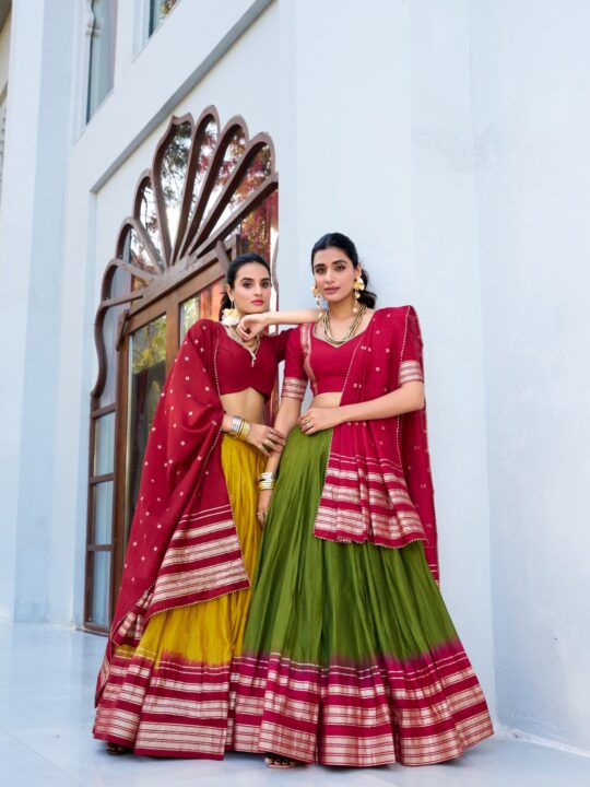 Chanderi lehenga choli with zari border and dupatta – Pramukhmart