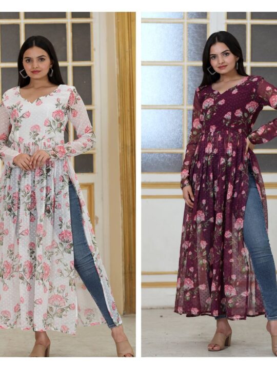 Wine and White Nayra Cut Kurti with Floral Butti Print – Pramukhmart