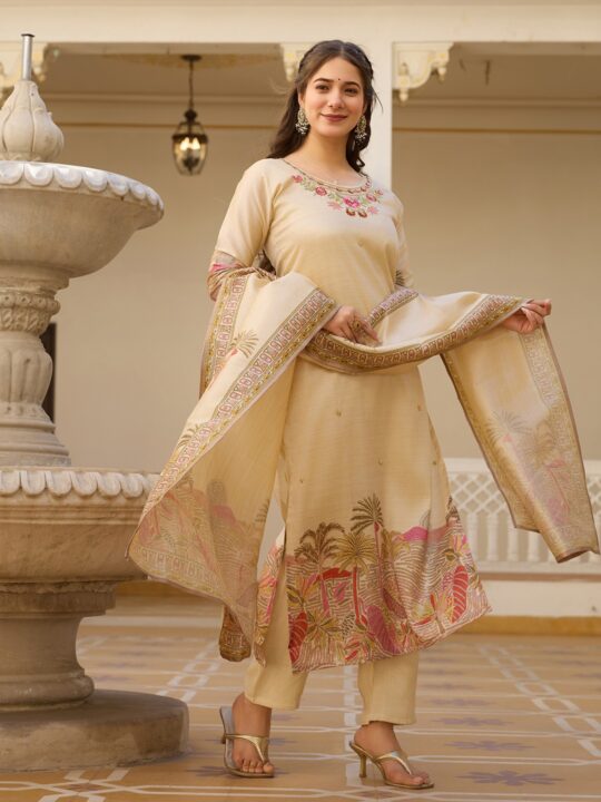 Viscose Assam Silk Kurti Set with Embroidered Beads and Printed Dupatta