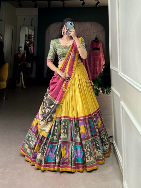 Tussar Silk Kalamkari Lehenga with Gotta Patti Dupatta – Pramukhmart