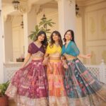 Russian silk lehenga choli with foil embroidery and pleated sleeve blouse