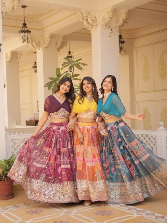 Russian silk lehenga choli with foil embroidery and pleated sleeve blouse