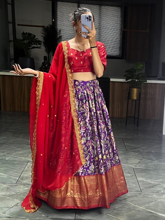 Kalamkari print Dola silk lehenga with tassels and embroidered dupatta