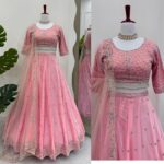 Thread and sequin embroidered fox georgette lehenga choli with butterfly net dupatta