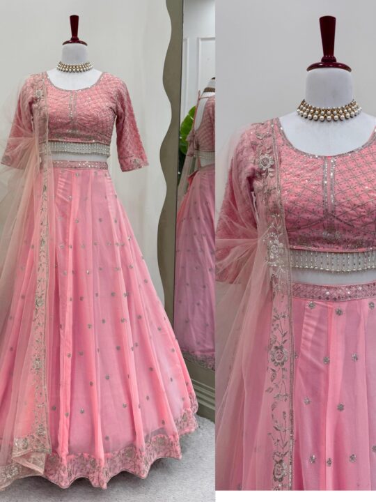 Thread and sequin embroidered fox georgette lehenga choli with butterfly net dupatta